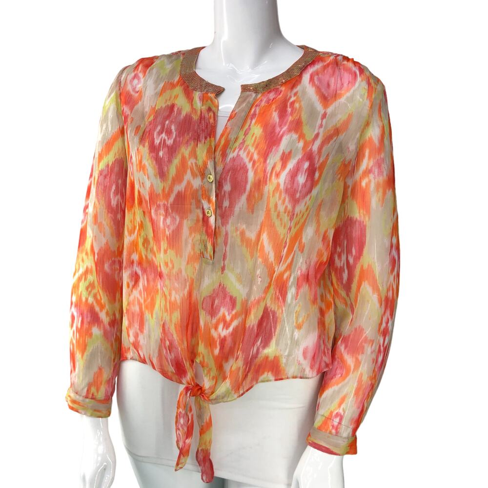 Chicos Womens Size 2 US 12 L Summer Ikat Moria Top Multicolor Sheer Blouse
